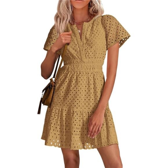 Women Short Dress V Neck Khaki - Picture 1 of 6